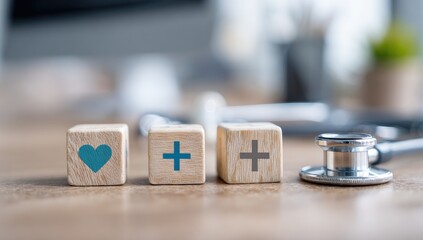 Healthcare Concept with Medical Symbols on Wooden Blocks.