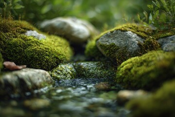 Mossy Rocks and Gentle Stream in Lush Forest.