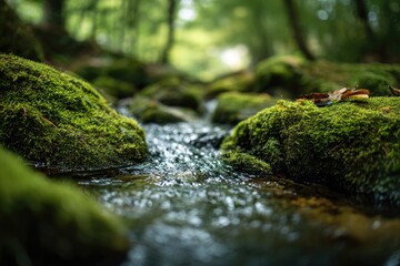 Mossy Rocks Stream Flowing Through Lush Green Forest.
