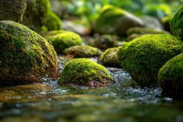 Moss Covered Rocks in a Flowing Forest Stream.