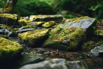 Moss Covered Rocks in a Serene Forest Stream.