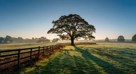 Obraz premium Majestic Oak Tree Bathed in Golden Sunrise Light Over Misty Meadow.