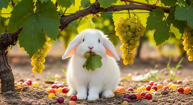 White rabbit eating green leaf under grapevine with colorful berries on ground