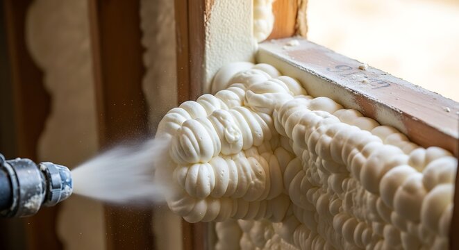 Expanding insulation foam is sprayed into a wooden window frame gap for sealing purposes
