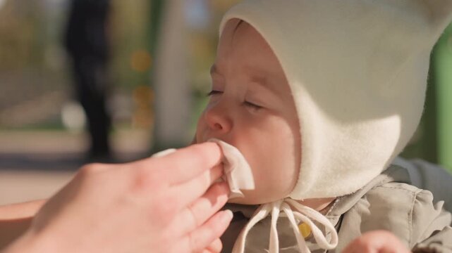 Young infant peacefully naps following refreshment. Little baby rests quietly after enjoying light snack. Young child is resting peacefully subsequent to having simple and nutritious snack