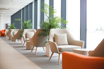 Fototapeta premium Bright modern corporate office lounge with stylish seating, natural light, and green plants, welcoming.