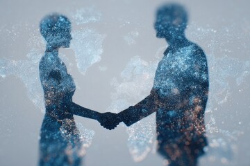 Digital Partnership - Silhouettes of Business People Shaking Hands with Global Network Overlay.