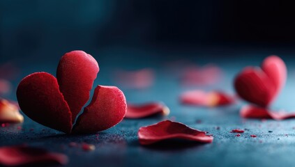 Symbolic Broken Heart Petals Scattered on Dark Surface.