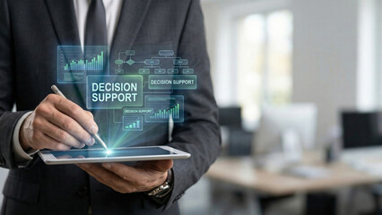 Decision support predictive analytics platform boosting business insight and strategy with tablet interface and data visualization in modern office
