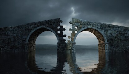 Ancient Stone Bridge Destroyed by Storm Over Water.