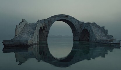 Ancient Stone Bridge Arch Reflecting in Calm Water at Dusk.