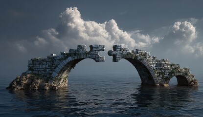 Ancient Stone Dragon Bridge Arches Over Misty Ocean Waters.