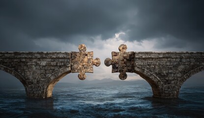 Broken Bridge Puzzle Pieces Connecting Over Stormy Seas.