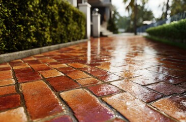 Wet Brick Pathway Reflecting Sunlight After Rain.