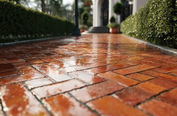 Wet Brick Pathway Reflecting Sunlight After Rain.