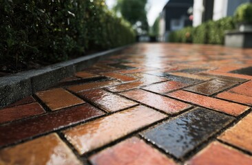 Wet Brick Pathway After Rain Reflecting Sunlight.