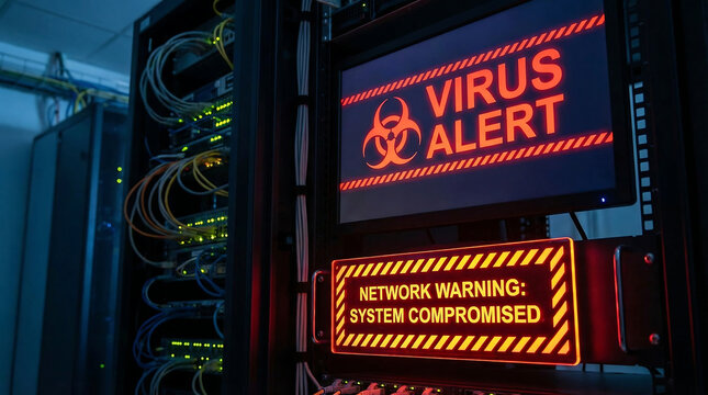 Cyber security threat warning with virus alert and network compromised message on server screens in data center