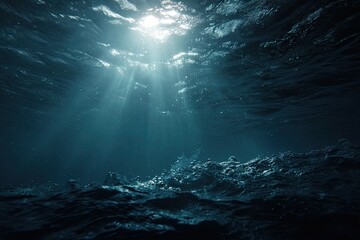 Sunlight Rays Penetrating Deep Ocean Water Surface.