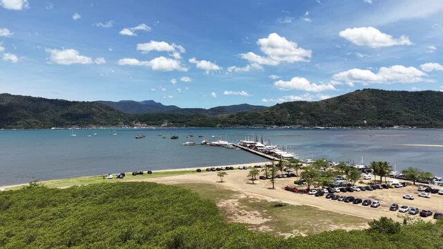 Aerial view of Paraty colonial town with tropical ocean and mountains Brazil