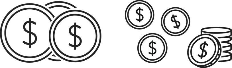 Fototapeta premium Black and White Dollar Coin Line Icons for Finance, Banking, and Money Management Designs