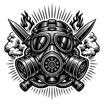 Intricate monochrome illustration of a gas mask with dual combat knives, emanating dangerous smoke and fiery flames amidst a radiating burst design. A powerful, vintage-style emblem for tactical, surv