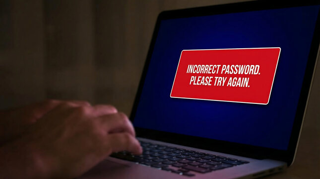 Laptop screen displaying incorrect password error message with hand typing on keyboard in dark environment with visible frustration