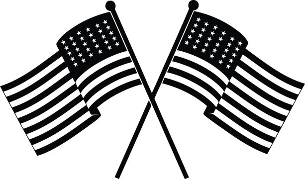 Two black and white American flags crossed on poles American flag, USA flag, flags