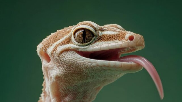 Extreme Macro Close-Up of a Gecko Licking Its Mouth with Tongue Extended on Green Background