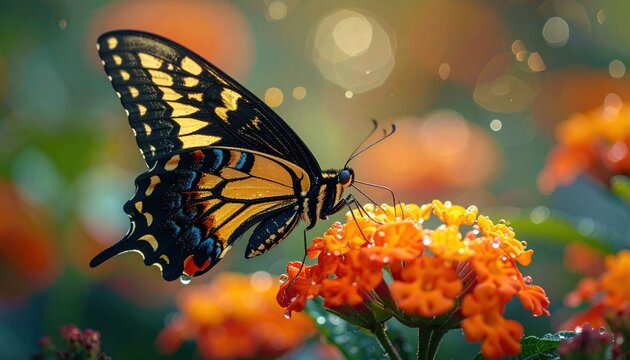 Eastern Tiger Swallowtail Butterfly Sipping Nectar from Vibrant Orange Flower.