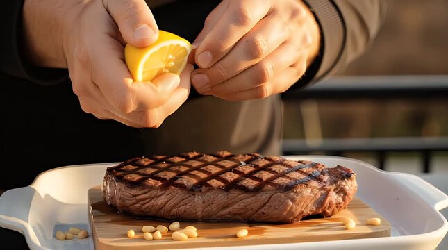 Chef squeezing fresh lemon juice over a perfectly grilled thick cut steak resting on a wooden board garnished with pine nuts for enhanced flavor.