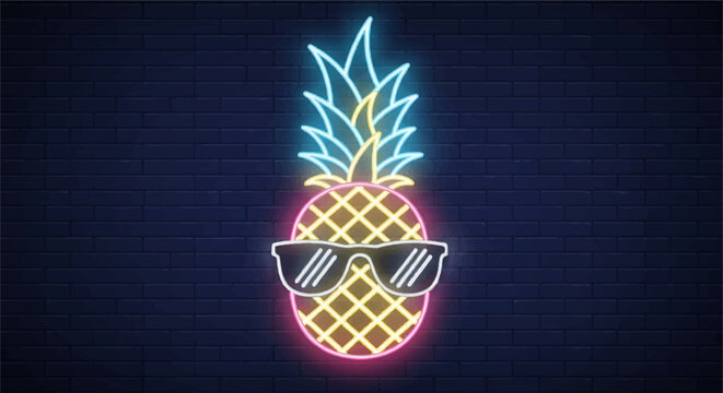 Neon pineapple wearing sunglasses on dark background.
