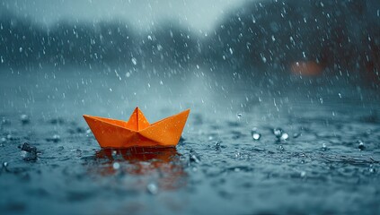 Orange Paper Boat Floating in Heavy Rain on Pavement.