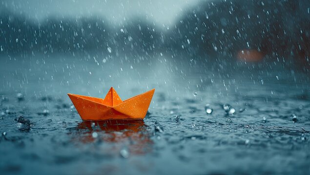 Orange Paper Boat Floating in Heavy Rain on Pavement.