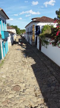 Aerial view of Paraty colonial town with tropical ocean and mountains Brazil