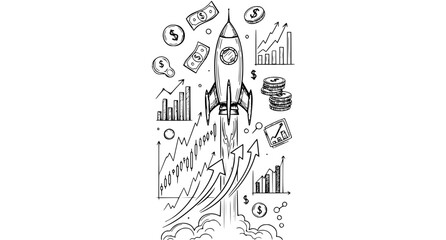 Obraz premium Hand Drawn Rocket Launch with Stock Market Growth Chart and Finance Icons Vector Sketch