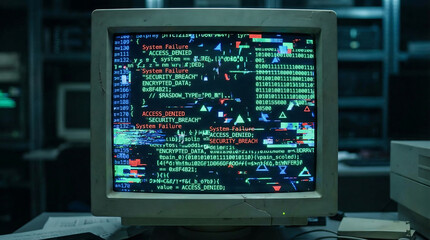 Old computer monitor displaying system failure and cybersecurity breach warnings with coding and binary data on screen in a dark environment