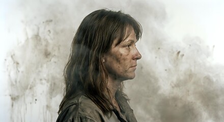 Post-apocalyptic survivor woman with dirt-stained face and weathered clothing against grunge textured background for dystopian storytelling concepts.