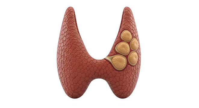Detailed anatomical illustration of the human thyroid gland with surrounding lymph nodes.