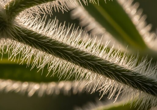 Delicate plant hairs illuminated by sunlight, showing botanical detail