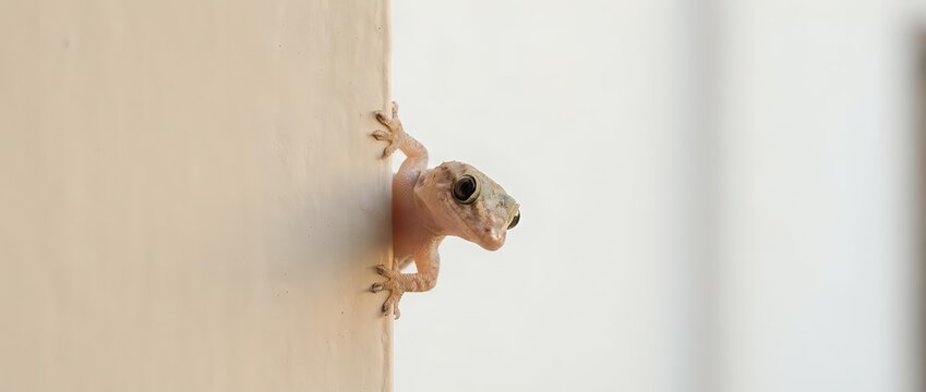 Small gecko lizard climbing on beige wall corner with detailed view of toe pads and natural coloring in indoor environment for wildlife and nature themes.