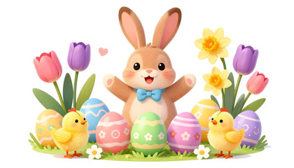 Fototapeta premium Cute Easter bunny with chicks and decorated eggs surrounded by spring flowers