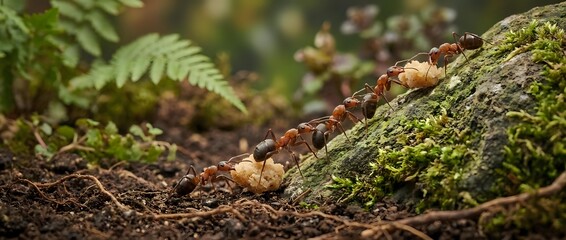 Obraz premium Line of brown ants marching across moss-covered log in forest floor with ferns creating natural woodland ecosystem scene for nature and wildlife content.