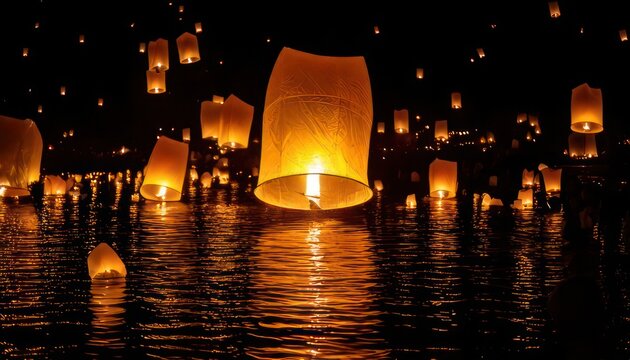 Floating lanterns illuminate the night sky over a tranquil river.