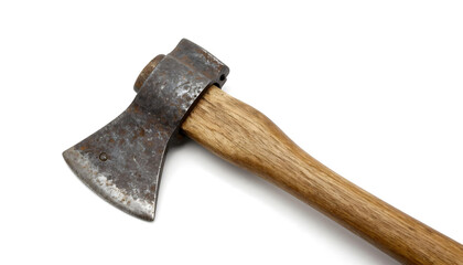 Close-up of a rustic, weathered axe head with a wooden handle against a white background