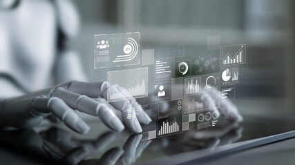 AI interacts with data analytics dashboard, reading trends, improving decisions, and enhancing...