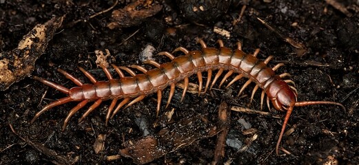 Obraz premium Brown centipede crawling on dark soil surface with organic matter and debris in natural outdoor environment.