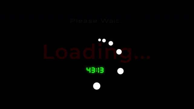 Circle loading glitch animation with dots icon and text display "Please Wait". 1 minute countdown timer, High quality 4K video ProRes 4444 video with alpha channel.