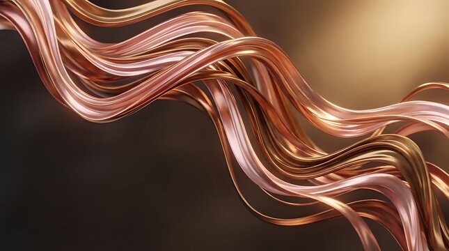 Flowing copper metallic ribbons with golden highlights creating dynamic waves against warm gradient background for luxury design projects.