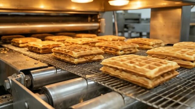 Caramel stroopwafels moving on an automated conveyor belt in a food factory for industrial production concept and snack manufacturing