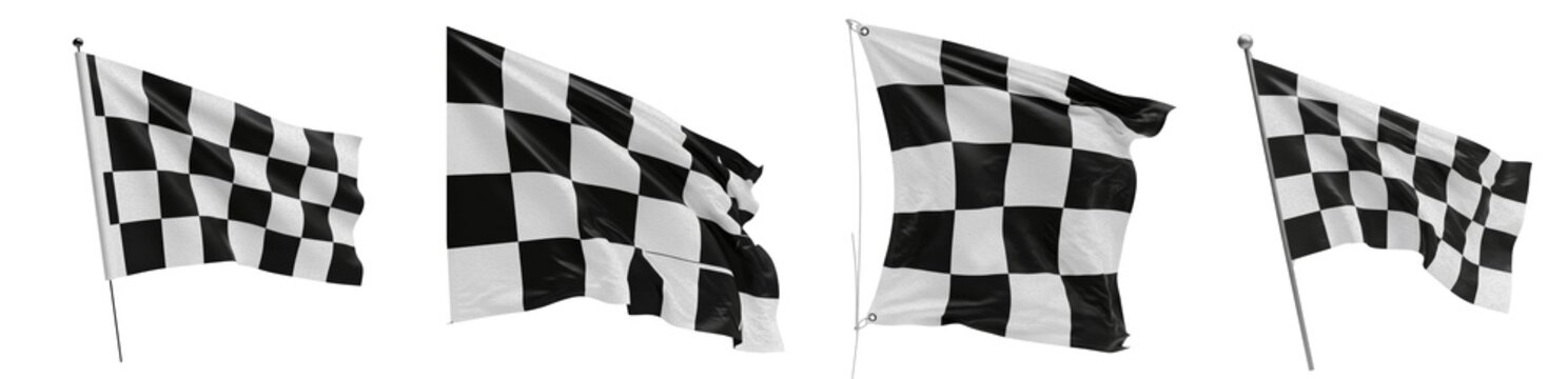 Waving checkered racing flags set, realistic black and white checkered flags collection for motor sports, competition finish lines, and automotive events, PNG isolated on white background.